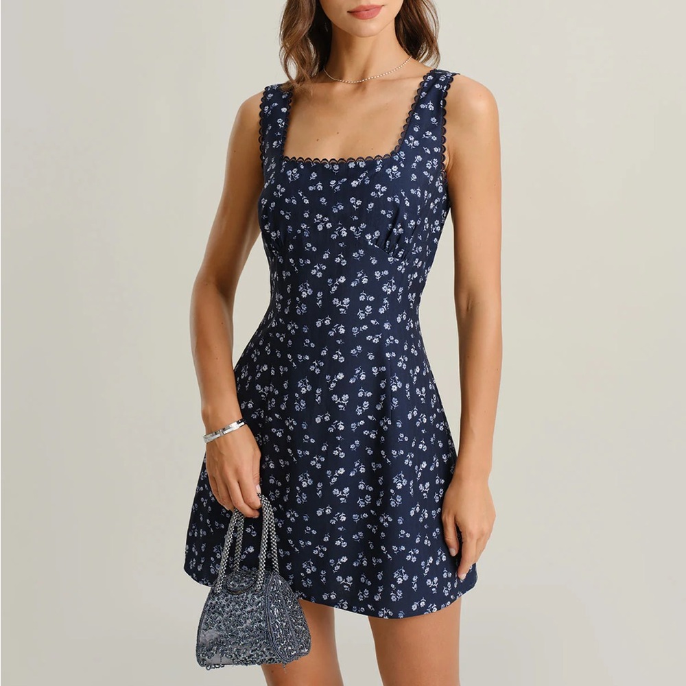 Rihoas Navy Floral Square Neck Slip Mini Dress